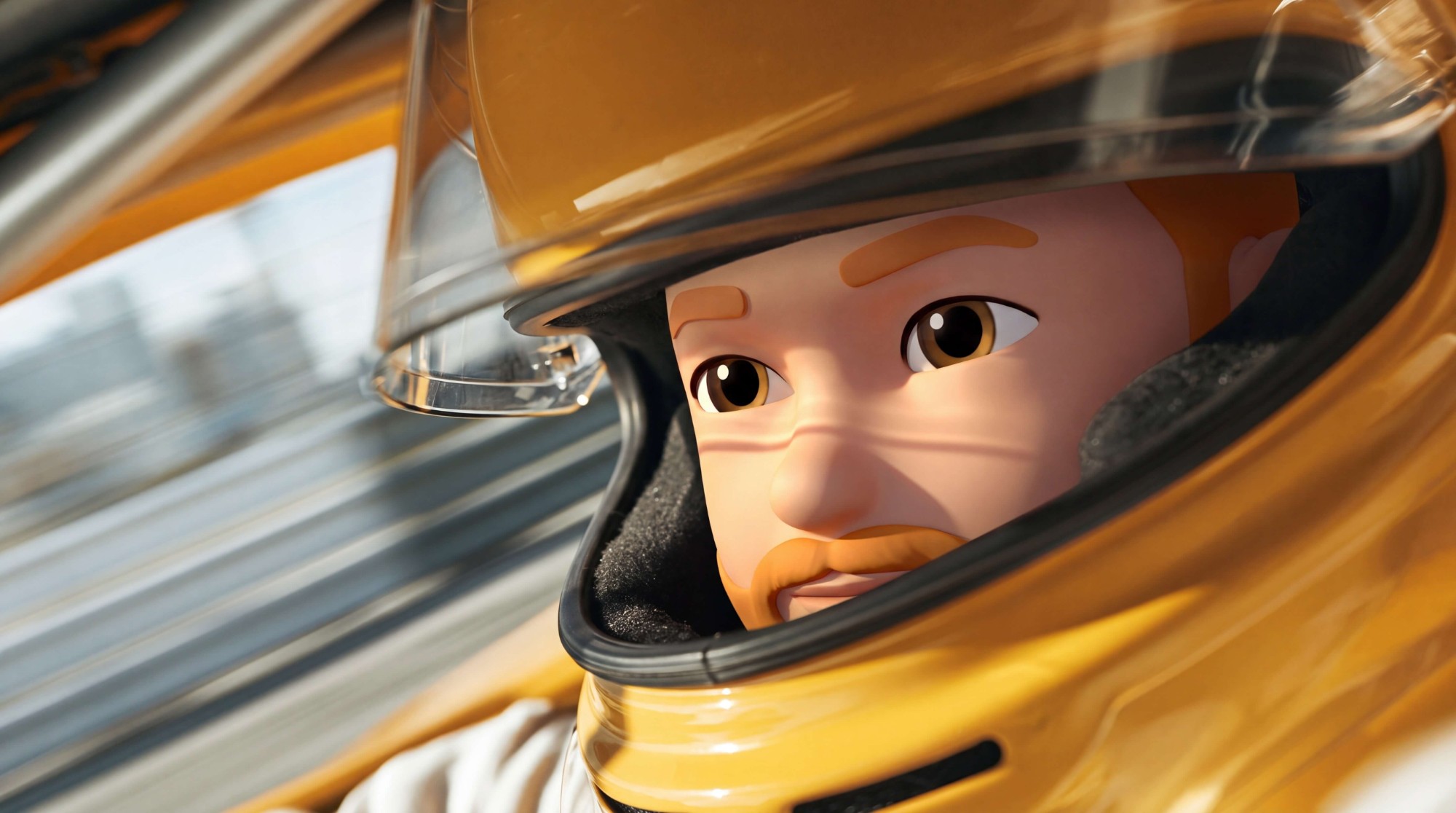 An animated portrait of Sergio Xalambrí in a yellow racing helmet